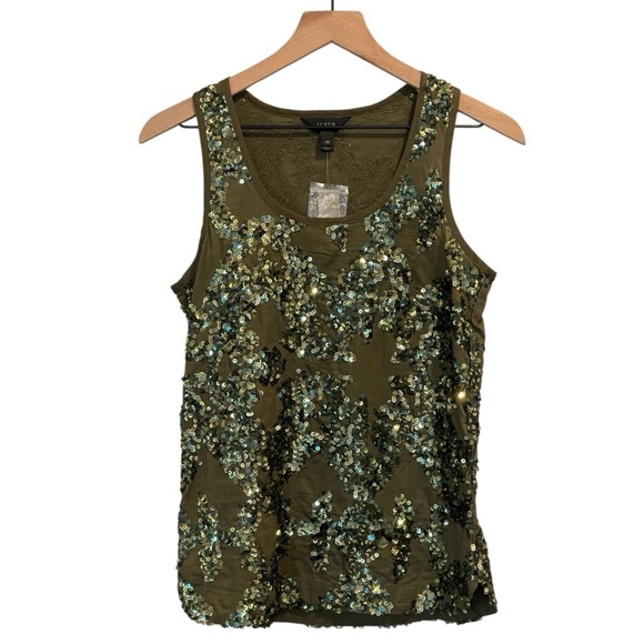 NWT J. Crew Cotton, Olive Green, Iridescent Sequin Tank Top, Scoop Neck, Size 00 - Picture 2 of 14